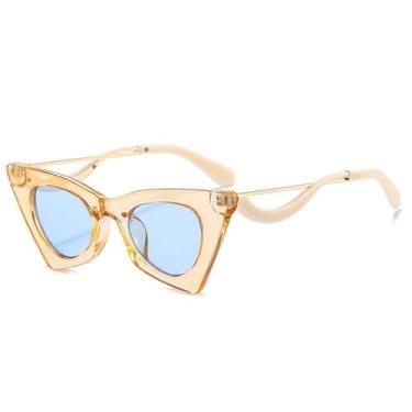 Imagem de Olho de gato feminino óculos de sol retro colorido óculos tons uv400 masculino doce cor óculos quadro, champanhe azul, um tamanho