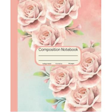 Imagem de Caderno de composição: Caderno de tinta aquarela desenhado à mão floral, ilustração de rosas rosa, diário de estética para meninas e mulheres