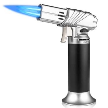 Imagem de mollie Mini isqueiro de butano com chama ajustável, pequena lanterna recarregável de cozinha para creme brulee, tocha de cozimento à prova de vento com trava de segurança, prata (gás butano não
