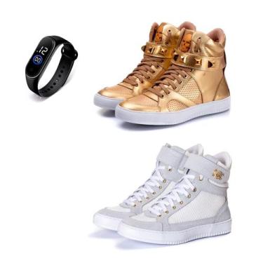 Imagem de Kit 2 Tênis Sneaker Fitness Feminino Botinha Academia + Relógio - Bawm