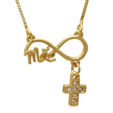 Imagem de Colar de Filhos Pingente Infinito Escrito Mãe e Cruz Folheado em Ouro 