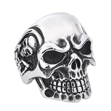Imagem de SINLEO Novo anel masculino de cabeça de caveira de aço inoxidável punk esqueleto motoqueiro joia preta vintage, Metal, Sem pedras preciosas,