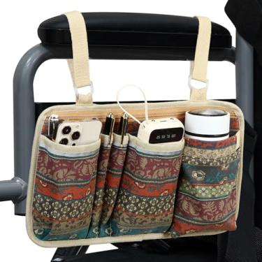 Imagem de FADOVYE Bolsa lateral para cadeira de rodas com suporte de copo, bolsa de acessórios de apoio de braço para cadeira de rodas com slot para caneta e tiras refletivas para cadeiras de rodas elétricas,