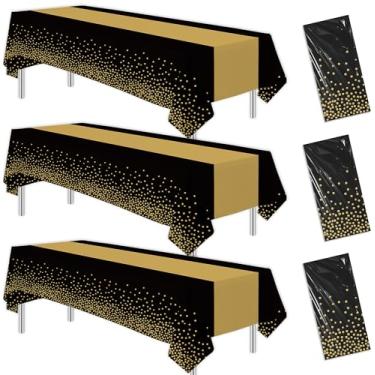 Imagem de Suhelkit Toalha de mesa de festa preta e dourada, 3 peças de capas de mesa retangulares pretas descartáveis estampadas douradas, para aniversário, chá de bebê, casamento, aniversário, formatura, 139,7
