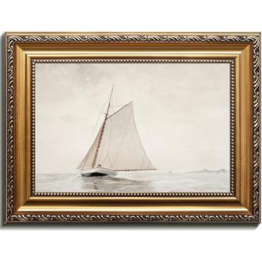 Imagem de Kizbok Arte de parede emoldurada a ouro para decoração de casa, decoração de veleiro neutro mudo, impressões de arte de parede pintura em tela branca em aquarela antiga, pintura de praia vintage