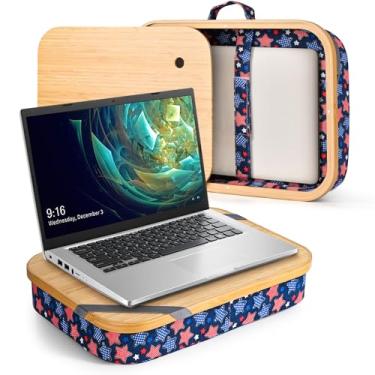Imagem de Mayjoy Mesa de colo de bambu com armazenamento, capa removível para colo, suporte de laptop de computador no colo, trabalho na cama ou sofá, escreva ou desenhe no seu colo (estrela da Marinha)