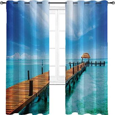 Imagem de Cortina blackout tropical com ilhós, design de cais de madeira havaiana exótica, tema de férias de verão pastoral, oceano quente, tratamento de sombreamento, cortina de isolamento de cozinha, L 182 x