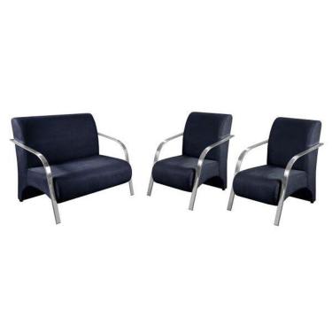 Imagem de Conjunto Poltrona Decorativa Sevilha Braço Alumínio kit 3 peças Confortável Sala Suede Azul Marinho