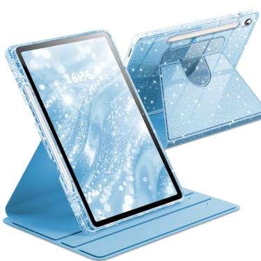 Imagem de INFILAND Capa giratória para Samsung Galaxy Tab S10 FE/ S9 FE 5G 10,9 polegadas/Tab S9 11 polegadas 360 linda capa com glitter com parte traseira transparente, suporte de caneta S para meninas