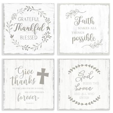 Imagem de Stupell Industries Conjunto de arte de placa de parede com frases de fé espiritual 4 peças por Val Rhodes, 12 x 12