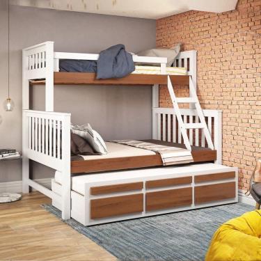 Imagem de Treliche Com Cama De Casal Branco Lavado-carvalho C- Cama Auxiliar 3 Gavetas Madeira Pinus