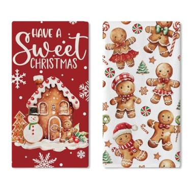 Imagem de Croar Have A Sweet Christmas Gingerbread Man Toalhas de prato vermelhas conjunto de 2, toalha de mão de secagem de árvore de Natal para casa de banho de férias de inverno, decoração de casa de banho