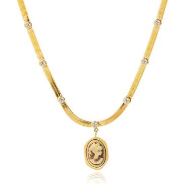 Imagem de Unurgoonit Colar vintage com pingente de camafeu para mulheres, corrente de aço inoxidável dourada com detalhes de cristal – joia medalhão de perfil romano, Metal, Zircônia cúbica