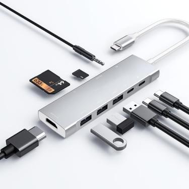 Imagem de Hub USB C para iPad Pro 9 em 1 adaptador iPad Pro M4 M2 M1 13 12.9 11 polegadas iPad Air 5 4 estação de ancoragem com 4K HDMI, USB-C PD, leitor de cartão SD/TF, USB 3.0, conector de fone de ouvido de
