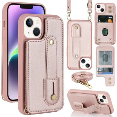 Imagem de Carteira crossbody carteira cartões de couro Solt Case para iPhone 15 Pro Max 14 11 12 13 XS 7 8 Plus SE2022 Bolsa de bolso com cordão, rosa, para iPhone SE2020