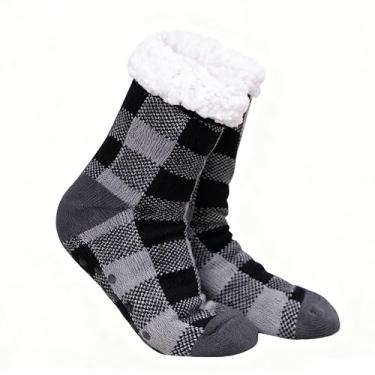 Imagem de Gealaek Meias femininas de inverno, grossas, felpudas, quentes, aconchegantes, macias, forradas de lã de ovelha, antiderrapante, com pegas, Xadrez cinza e preto, 6-10