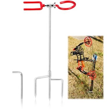 Imagem de Hadwoer Suporte de arco portátil para arcos recurvos e compostos, estaca de arco resistente com suporte triangular e anel de suporte de flecha