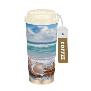 Imagem de SEHANY Caneca de viagem Summer Sea Beach Starfish 482 g Copos de café reutilizáveis revestidos de cerâmica com tampa à prova de vazamento, parede dupla, isolamento a vácuo, copo de café de aço