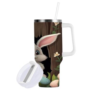 Imagem de Blueangle Copo de coelho da Páscoa de 850 g com alça e tampa de palha, copo isolado reutilizável de aço inoxidável garrafa de água caneca de viagem (66)