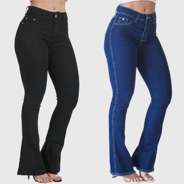 Imagem de Kit 2 Calças Flare Jeans HNO Jeans Petit Flare Azul Marinho e Preta-Feminino