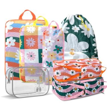 Imagem de Kit de cubo de compressão de flores coloridas 7 peças - Organizadores de viagem de malha respirável com etiquetas de identificação (itens essenciais de viagem compatíveis com bagagem de mão)