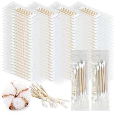 Imagem de Meanhoo Cotonetes de algodão tamanho viagem, 1000 unidades (200 pacotes com 5), pontas redondas duplas descartáveis embaladas individualmente, cotonetes de algodão macios para limpeza de orelhas