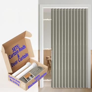 Imagem de Cortina de porta sanfonada AJAZZ 100% blackout invisível aplicável para quarto, sala de estar (1 pacote, 137 L x 198 C, cinza + varão)