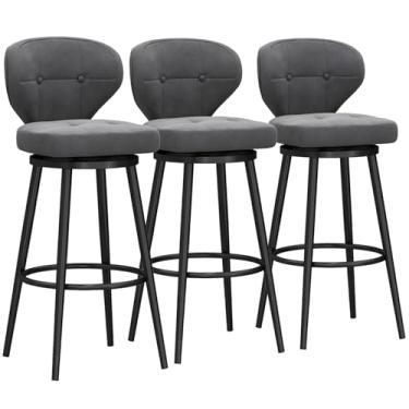 Imagem de Banquetas de bar estofadas giratórias de veludo com apoio para os pés de metal, bancos de bar com altura giratória conjunto de 3, bancos de balcão com encosto, cadeira de bar moderna para ilha de