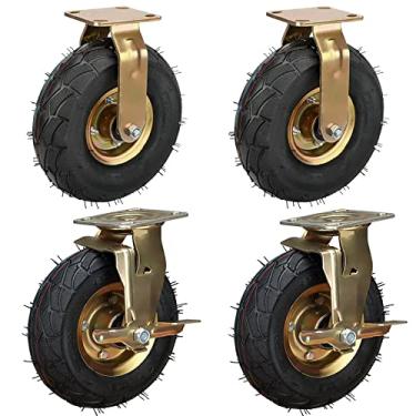 Imagem de Rodízios de borracha pneumática resistente de 20 cm e 25 cm - pacote com 4, rodas de substituição altamente elásticas para carrinhos de móveis e bancadas de trabalho, inclui freios e placa superior