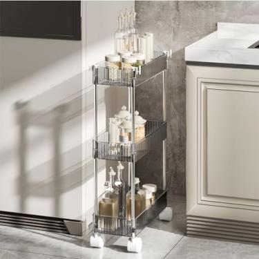 Imagem de Carrinho de armazenamento com rodinhas de 3 níveis com rodas e ganchos bloqueáveis, organizador de prateleiras utilitário móvel para cozinha, banheiro, lavanderia - cinza, 38 cm P x 20 cm L x 67 cm A