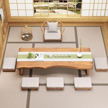Imagem de Mesa de centro de madeira maciça estilo japonês - Mesa de piso baixo para chá e jantar, 120 x 60 x 35 cm - Mesa de altar versátil para casa, sala de estar, varanda e assentos no chão