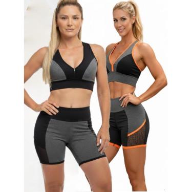 Imagem de Kit 2 Conjunto Fitness Feminino Top e Short Preto e Cinza Esportivo sem bolso M (38-40) G (42)-Feminino