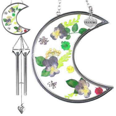 Imagem de BANBERRY DESIGNS Grandma Wind Chime I Love You to The Moon and Back - apanhador de sol de flor prensada a seco com pingente de vovó prateado - presentes de jardim para o dia das mães