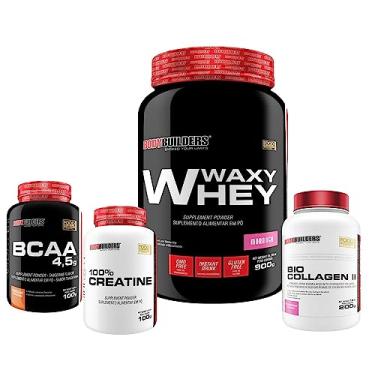 Imagem de Kit Waxy Whey Protein 900g + BCAA 4.5 100g + Creatina 100g + Bio Collagen 200g - Bodybuilders (Morango)