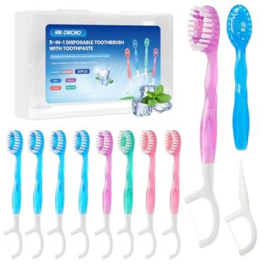 Imagem de Conjunto de 20 mini escovas de dentes descartáveis 5 em 1 portátil pré-colada com pasta de dente + raspador de língua + fio dental + escova de dentes pequena pré-colada embalada individualmente para