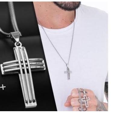 Imagem de Colar Corrente Aço inoxidável 316L Inox Masculino com Pingente Cruz Va