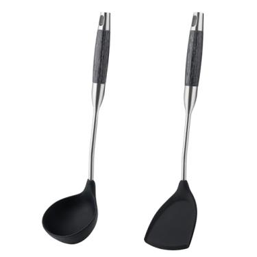 Imagem de FJNATINH Conjunto de espátula e concha de silicone para wok – ferramentas wok de aço inoxidável, utensílio wok, utensílios de cozinha antiaderentes resistentes ao calor, sem BPA, utensílios de cozinha
