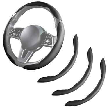 Imagem de Capa de volante de carro de couro de encaixe conjunto de 3 peças protetor de volante antiderrapante acessórios de volante 35,5-38 cm universal preto