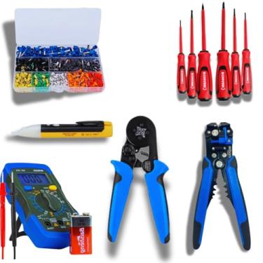 Imagem de Kit Eletricista Profissional 6 Peças, Chaves de Fenda, Alicate Crimpar, Alicate Decapador, Multimetro Digital, Caneta de Teste de Tensão e 1200 Terminais ilhos