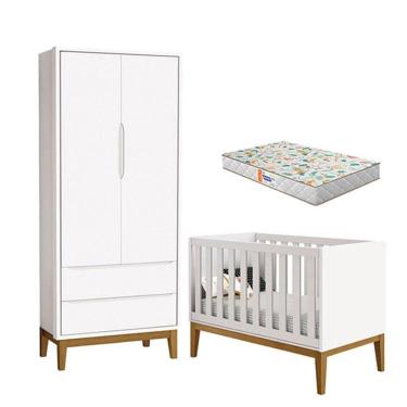 Imagem de Berço Americano E Guarda Roupa 2 Portas New Classic Branco Com Pés Madeira E Colchão Gazin - Reller