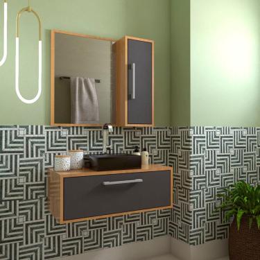 Imagem de Conjunto de Gabinete com Cuba Preta e Armário de Banheiro com Espelho Alice 2 pt Mel e Grafite