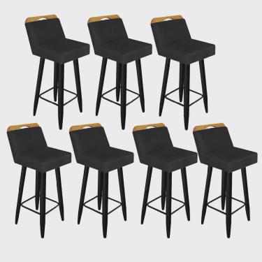 Imagem de Kit 07 Banqueta Alta c/ Encosto Lith Para Cozinha Bar Balcão Bistrô Pé Palito Preto Tecido Sintético Preto - Ahz Móveis