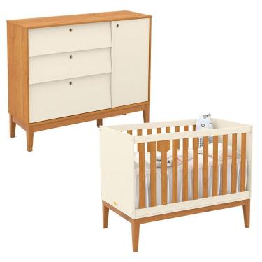 Imagem de Berço Americano e Cômoda Sapateira Unique em MDF Off White Freijó Eco Wood com Grade Fixa