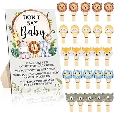 Imagem de Unittype 51 peças de lembrancinhas de jogo Don't Say Baby Shower incluem placa de chá de bebê com animais da floresta e 50 mini prendedores de roupa de animais para meninos e meninas, artigos de