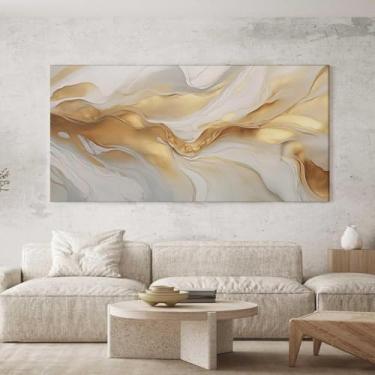 Imagem de Quadro Decorativo para Sala Quarto Hall 100x70 Abstrato Dourado Luxo Horizontal Grande Decoração Parede Tela
