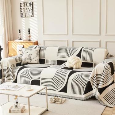 Imagem de WEYOND Capa de sofá boho de chenille com borlas, capa de sofá boêmia para sofá de 3 almofadas, seção em forma de L, namoradeira, futon, 2 3 4 lugares (231 x 299 cm, preta)