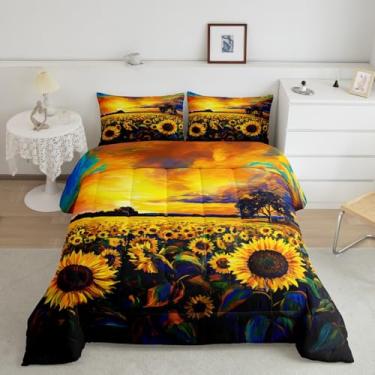 Imagem de Feelyou Conjunto De Edredom Com Estampa Floral Girassóis, Acolchoado Pintura A Óleo E Padrão Flores Amarelas Para Adultos Adolescentes, Microfibra Queen Size