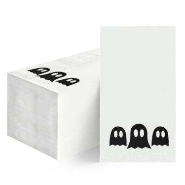 Imagem de Horaldaily 50 guardanapos decorativos de papel descartáveis de Halloween, toalha de mão preta com três fantasmas para festa, almoço, jantar, cozinha, sala de fantasmas