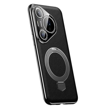 Imagem de HAOMRIYL Capa de couro para Huawei Pura 80 Ultra/80 Pro +/80 Pro/80, anel magnético, suporte ajustável, capa protetora de lente completa, à prova de choque, preta, 80