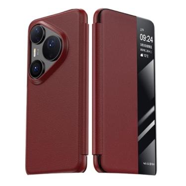 Imagem de HAOMRIYL Capa de couro genuíno para Huawei Pura 80 Ultra/80 Pro +/80 Pro/80, janela de visão clara, capa de proteção fólio, tudo incluído, à prova de choque, vermelha, 80 Pro +